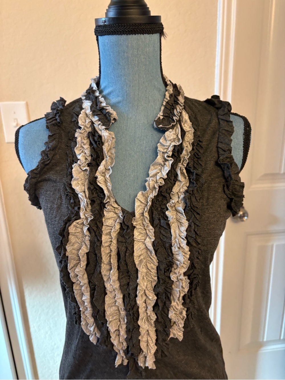Ruffled Sleeveless Top with Contrast Ruffle Strips - Charcoal & Light Gray